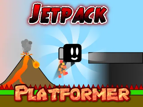 Jetpack Platformer game logo featuring volcano boss and jetpack character