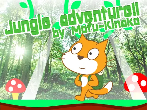 Jungle adventure logo cover featuring cat character in dense forest setting
