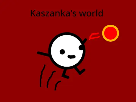 Kaszanka's World platformer logo cover featuring power-up icons and boss level