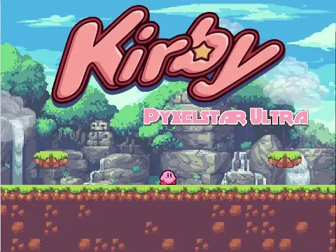 Kirby Pyxelstar Ultra beta logo cover featuring Kirby with PyxStars and enemy sprites