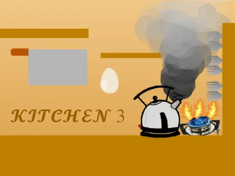 Kitchen 3 platformer logo cover featuring kitchen obstacles like forks and toaster