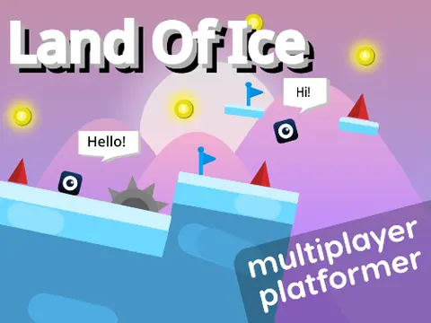 Land of Ice multiplayer scrolling platformer logo cover featuring ice world and shop interface
