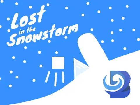 Lost in the snowstorm platformer logo cover featuring Ice Cuby in a blizzard
