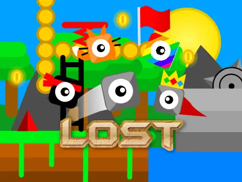 Lost scrolling platformer logo featuring traveler lost in unknown world with checkpoints