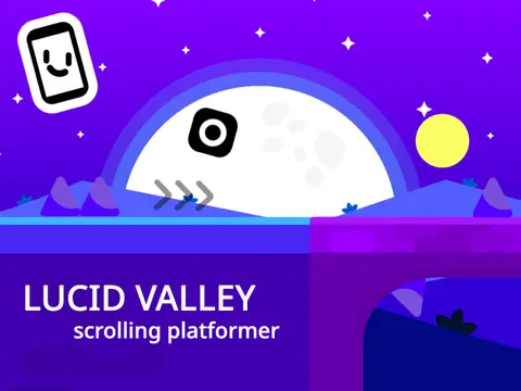 Lucid Valley scrolling platformer logo - valley landscape with bridge and trees