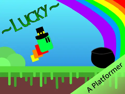 Lucky platformer logo with leprechaun and rainbow theme