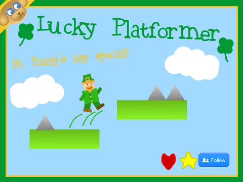 Lucky Platformer Irish holiday logo with rainbow, gold pot, leprechaun and cloud kingdom Higherland