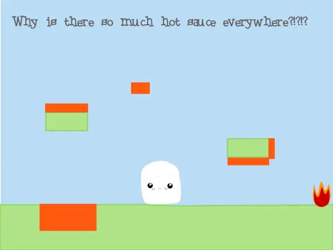 Marshmallow's Mission platformer logo cover featuring spark level end and hot sauce counter