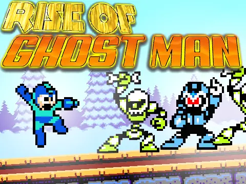 Mega Man fan game logo featuring Ghost Man fortress with laser walls and ghost mode mechanic