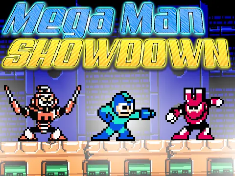Mega Man Showdown logo featuring Mega Man facing the Robot Masters