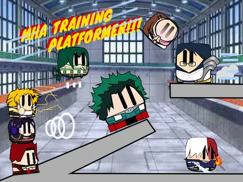 My Hero Academia platformer game logo featuring Deku, Uraraka, Todoroki and other UA heroes