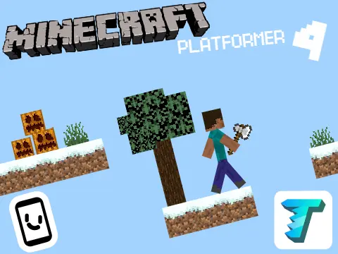 Minecraft 4 snowy biome scrolling platformer logo cover with winter landscape and player