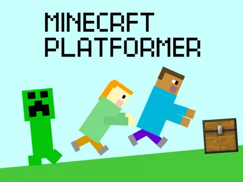 Minecraft Platformer logo - Steve character collecting treasure chests