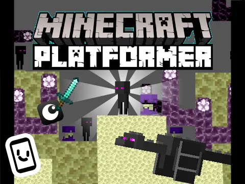 Minecraft platformer logo cover featuring blocky character fighting enderman