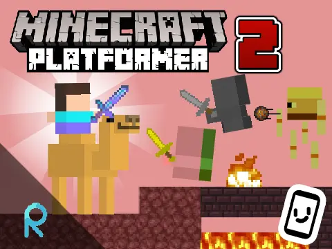 Minecraft platformer 2 logo with Steve character and sword combat interface