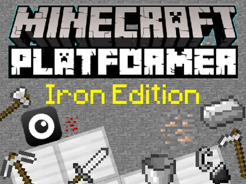 Minecraft Iron Edition platformer logo with iron ingot and cave theme