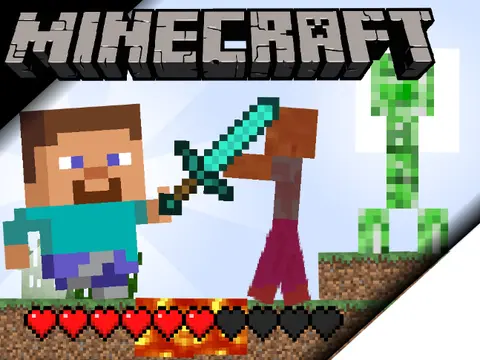 Minecraft platformer part 2 logo cover featuring Steve with sword in block world