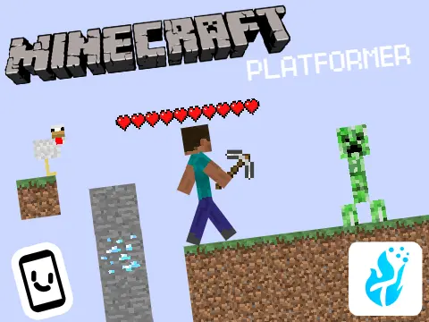 Minecraft Overworld platformer logo with grass blocks, scrolling background and Nether Part 2 announcement