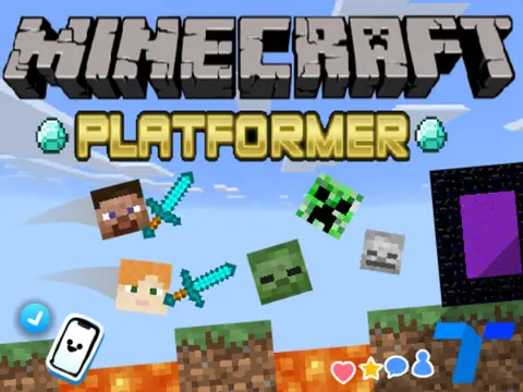 Mobile friendly Alex skin Minecraft platformer logo cover featuring Alex character and Nether portal