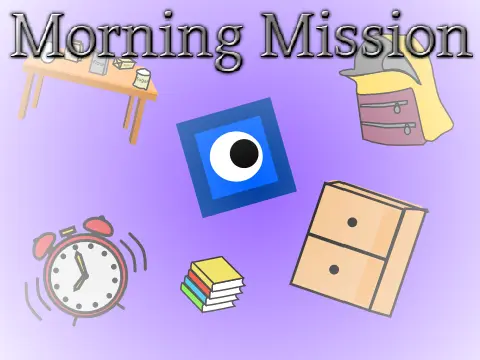 Morning Mission scrolling platformer logo cover featuring alarm clock, pancakes, and school bag packing