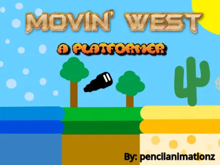 Movin West platformer logo cover featuring little cube character moving west