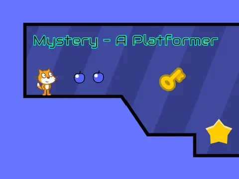 Mystery platformer logo cover featuring 50 levels, keys, doors and collectible apples