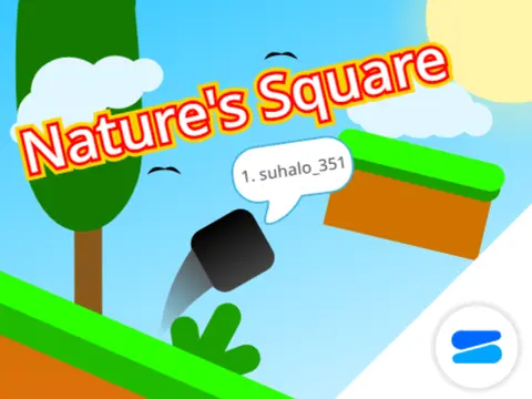 Nature's Square game logo featuring trees, clouds and grass platformer design