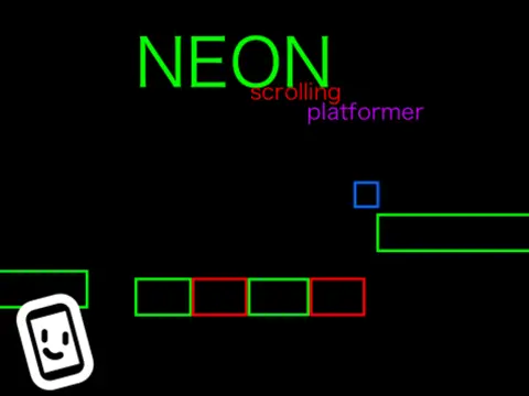 Neon scrolling platformer mobil logo cover with color coded rectangles and portal