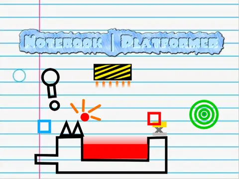 Pixel art character navigating a notebook-themed platform level