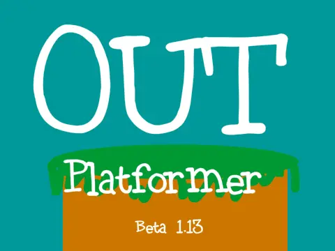 OUT platformer logo with Scratch Cat escaping computer, beta 1.13.2 version