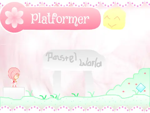 Pastel World platformer game logo featuring soft pastel colors, cute characters, and dreamy background art