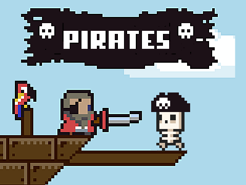 Pirate platformer logo cover featuring pirate ship, treasure chest, and evil skulls