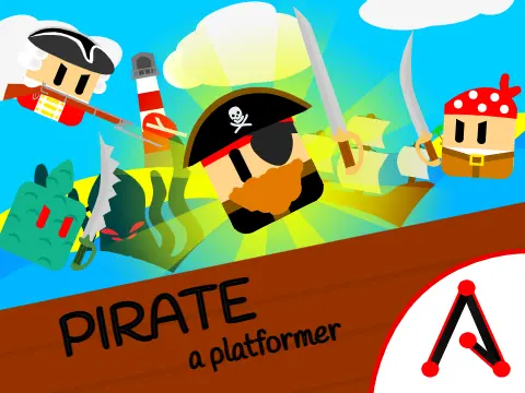 Pirate scrolling platformer logo featuring pirate ship and treasure theme
