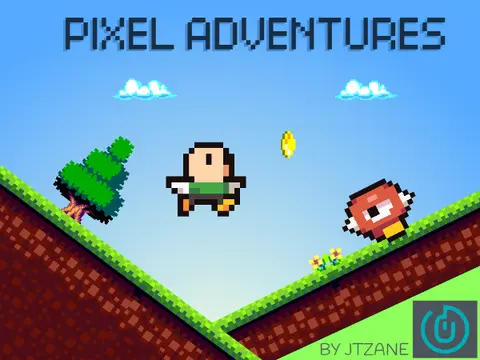 Pixel Adventures scrolling platformer game logo featuring pixel nature environment