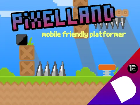 Pixel Land platformer game cover with retro pixel art style and mobile controls