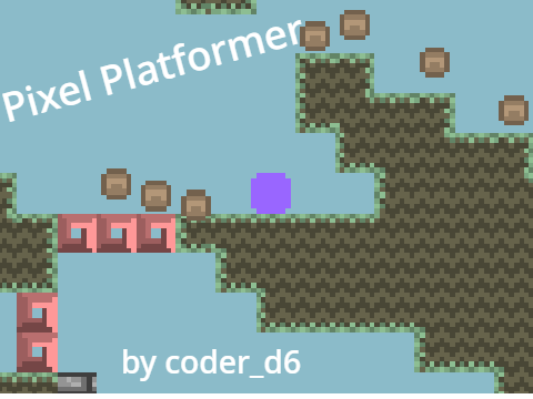 Pixel platformer scrolling logo cover featuring coin collection and lava hazards