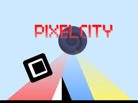 Pixelcity platformer logo cover featuring urban pixel cityscape and saw blade hazard