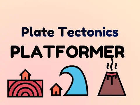 Plate tectonics platformer logo cover featuring geology themes and magma hazards
