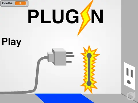 Plugin platformer logo cover featuring a plug character and electrical outlet