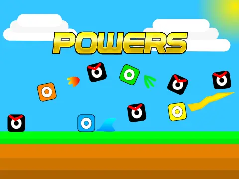 Powers platformer logo with four elemental power icons: fire, water, plant, thunder