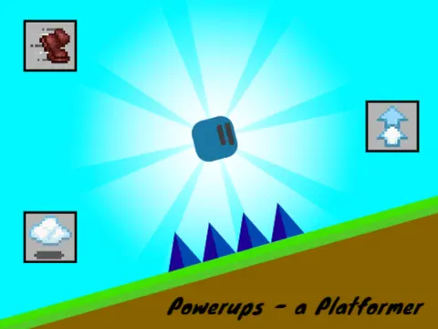 Powerups platformer game logo with orange gradient and ability icons