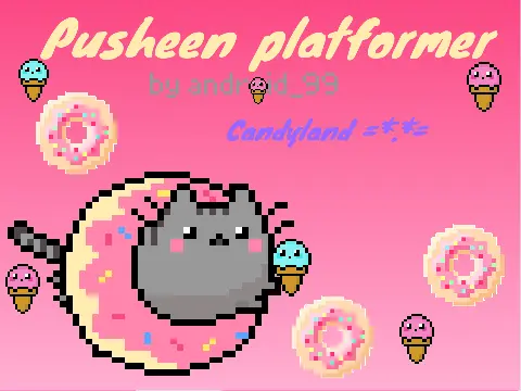 Pusheen the cat platformer game logo with candy theme