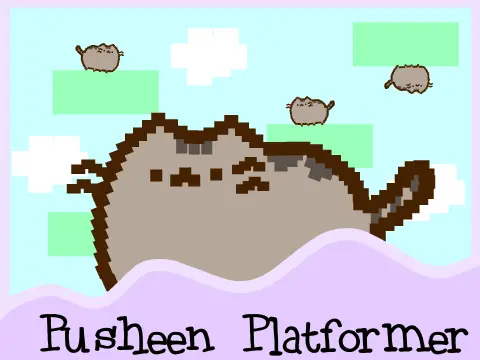 Pixel art of Pusheen the cat in a platform game setting