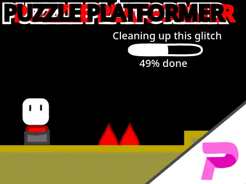 Puzzle platformer v2 logo cover featuring glitch art and button mechanics