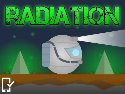 Radiation platformer logo featuring green radioactive theme and helicopter escape imagery