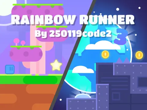 Rainbow Runner 3 logo, precision platformer with level selector and 3 worlds