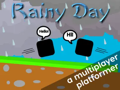 Rainy Day multiplayer platformer v3 logo cover with grey clouds and rain sprites