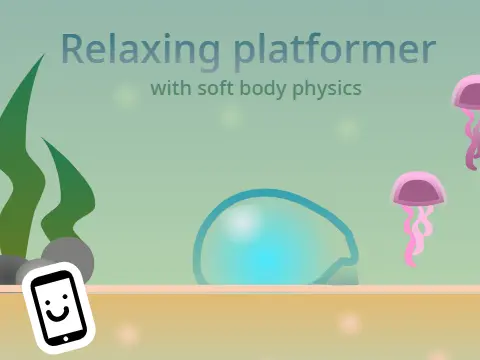 Screenshot of the Relaxing Underwater Platformer game showing a soft, blue character in an aquatic environment