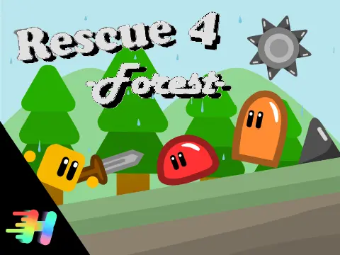 Rescue 4 -Forest- platformer logo featuring forest environment and hero character