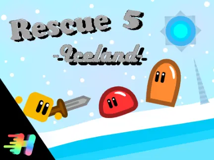 Rescue 5 -Iceland- game logo featuring icy landscape and the hero character